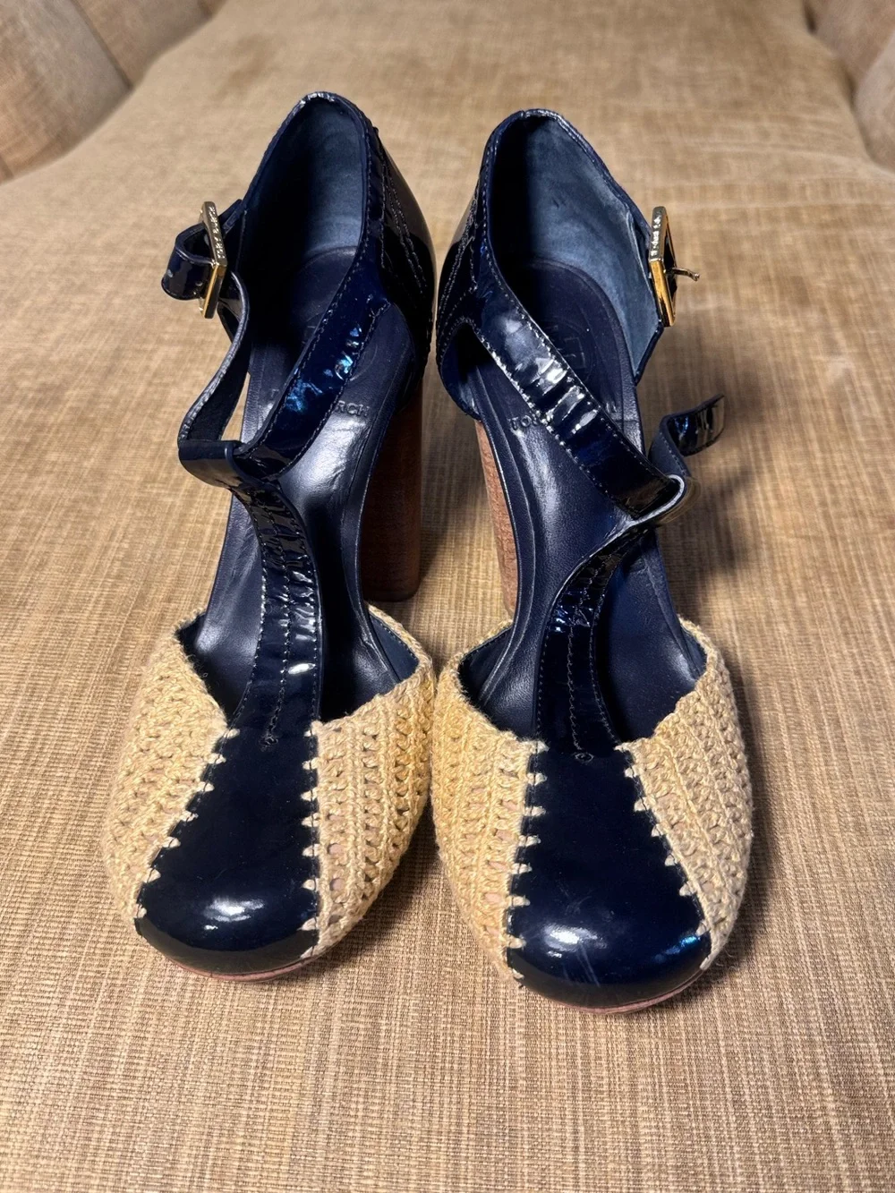 Tory Burch Navy Patent Leather Raffia T Strap Heels